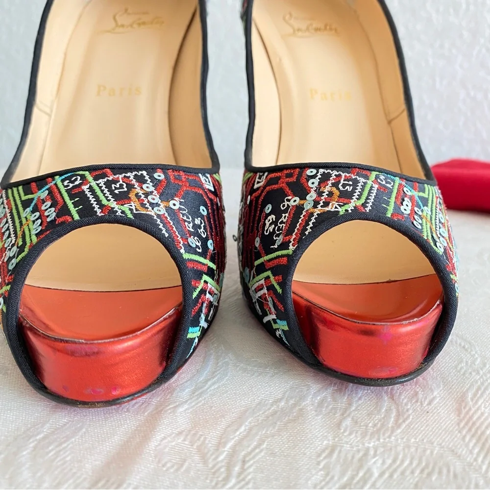 Christian louboutin embroidered peep toe platform pumps